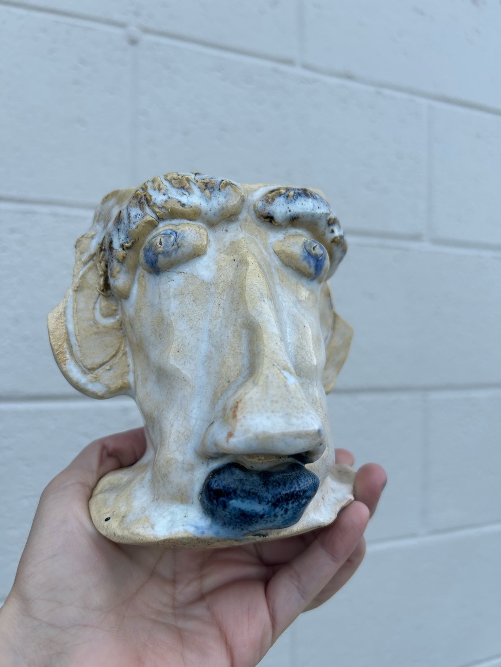 Handcrafted Ceramic Face Sculpture - Cream and Blue Home Art